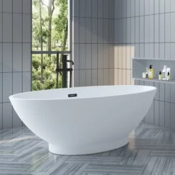 Noelani 66" Acrylic Freestanding Tub With Integral Drain In Matte White -Barclay Products Shop ATOVN66IG PMT 2